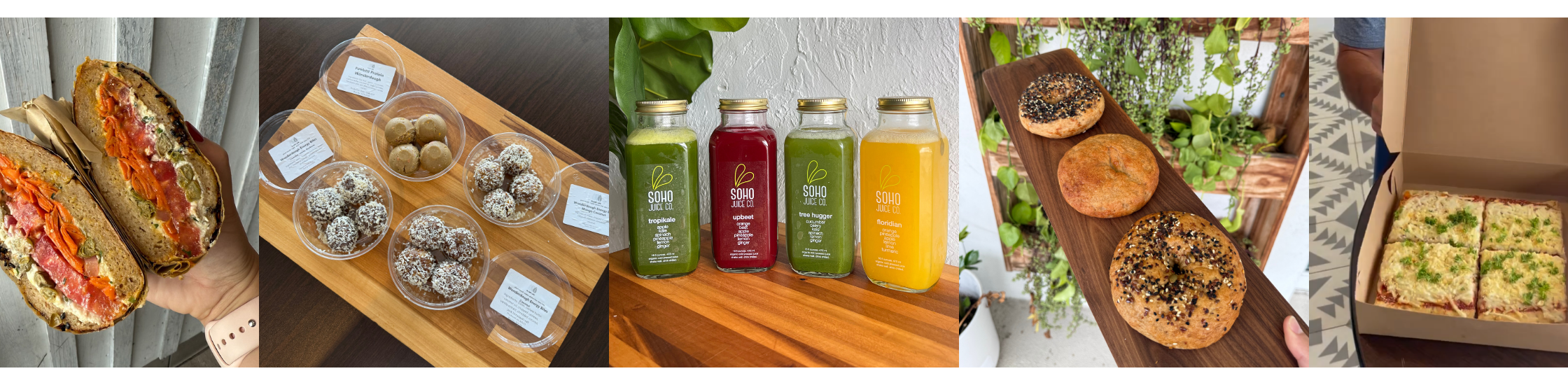 Photo Collage of Plant Life food options - plant-based and gluten-free bagel sandwiches, wonderdough, cold-pressed juices, bagels, pizzas, etc