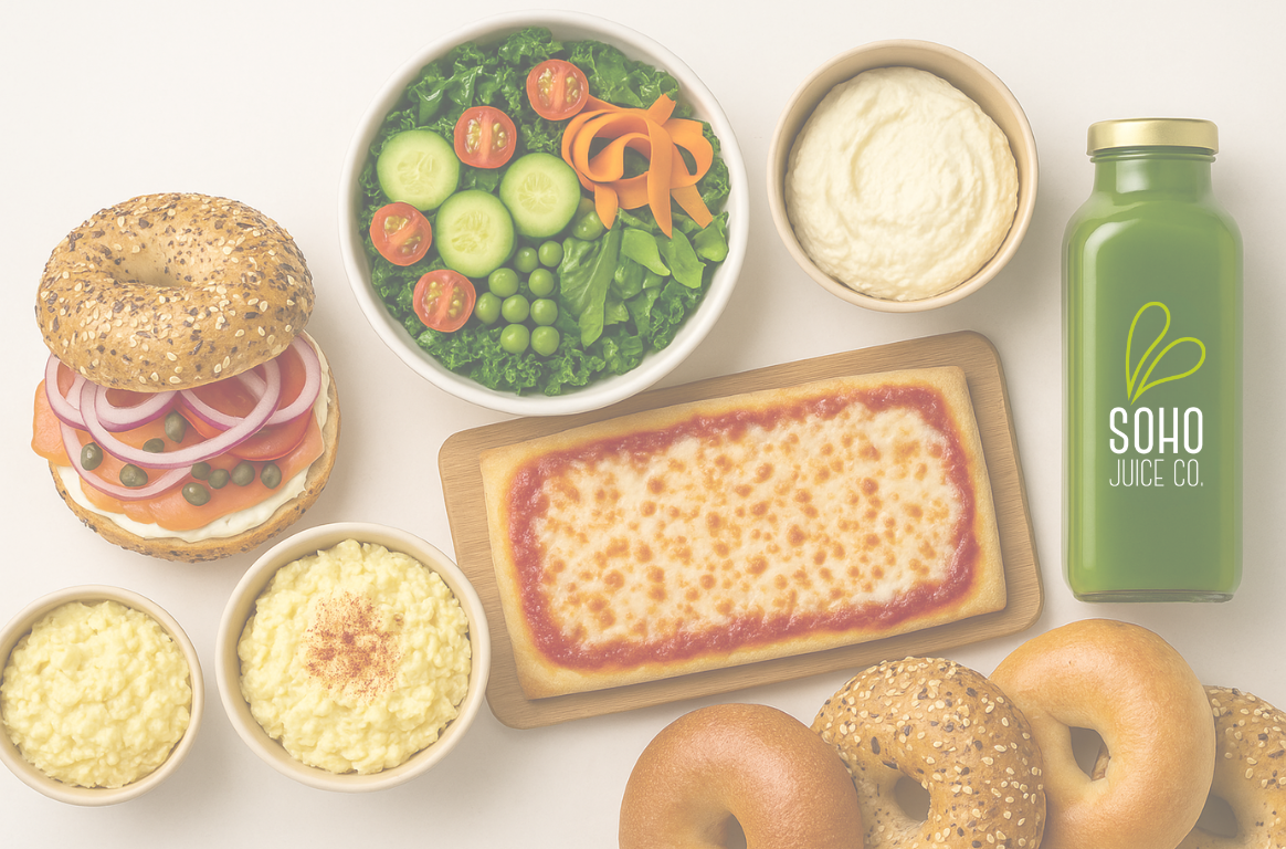 Plant Life Hero Image featuring gluten-free, plant-based bagels, spreads, pizzas, salads, cold-pressed juices & more