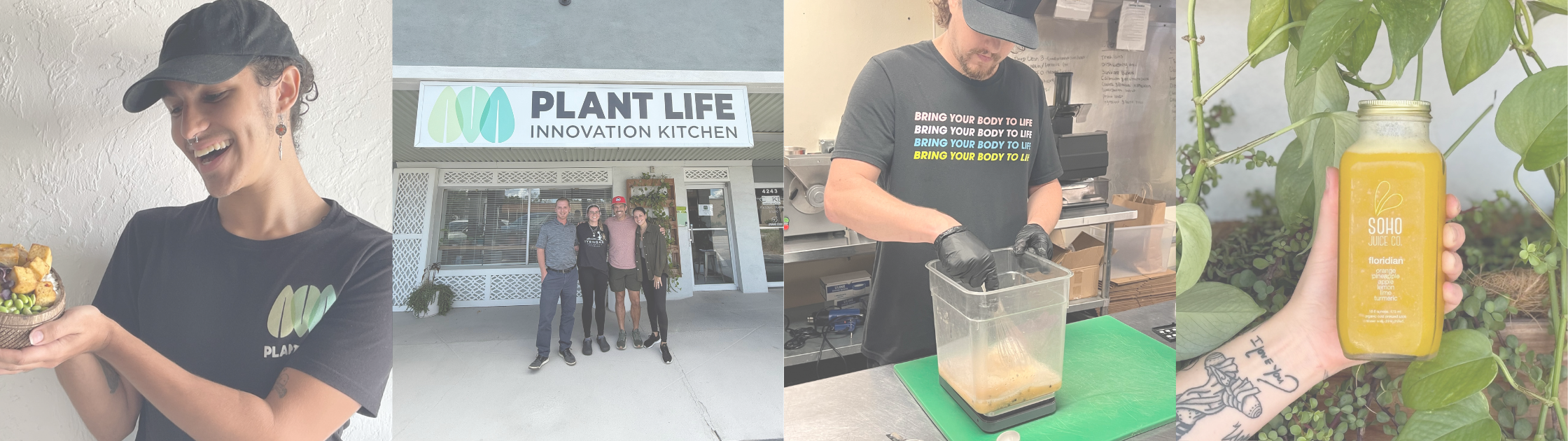 Collage of images including a person holding a smoothie, a building labeled 'Plant Life', a person making a smoothie, and a hand holding a smoothie.
